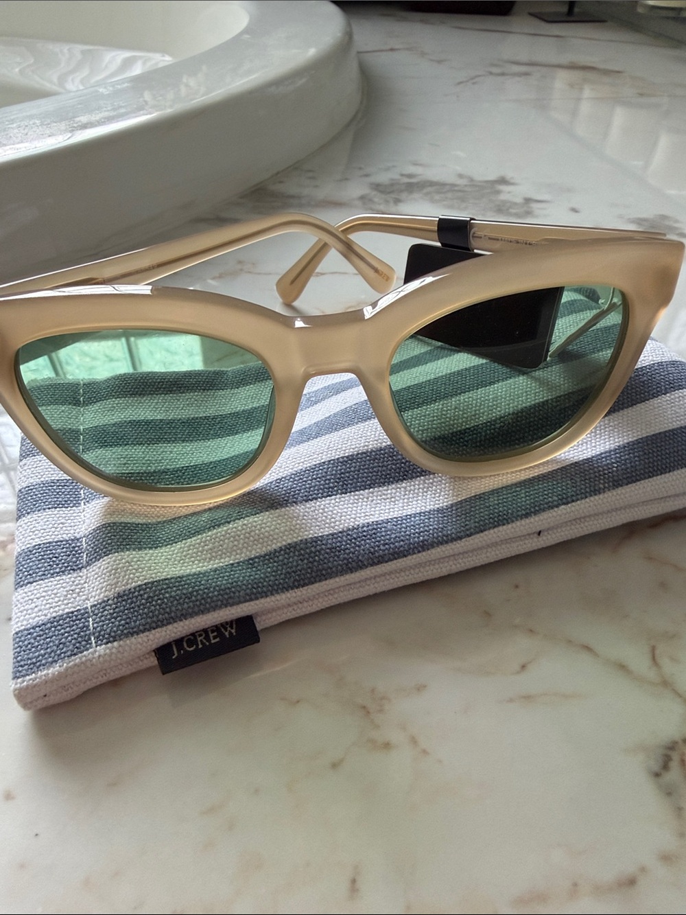 J. Crew Women's Cream Cat-Eye Sunglasses with Green Lenses NWT